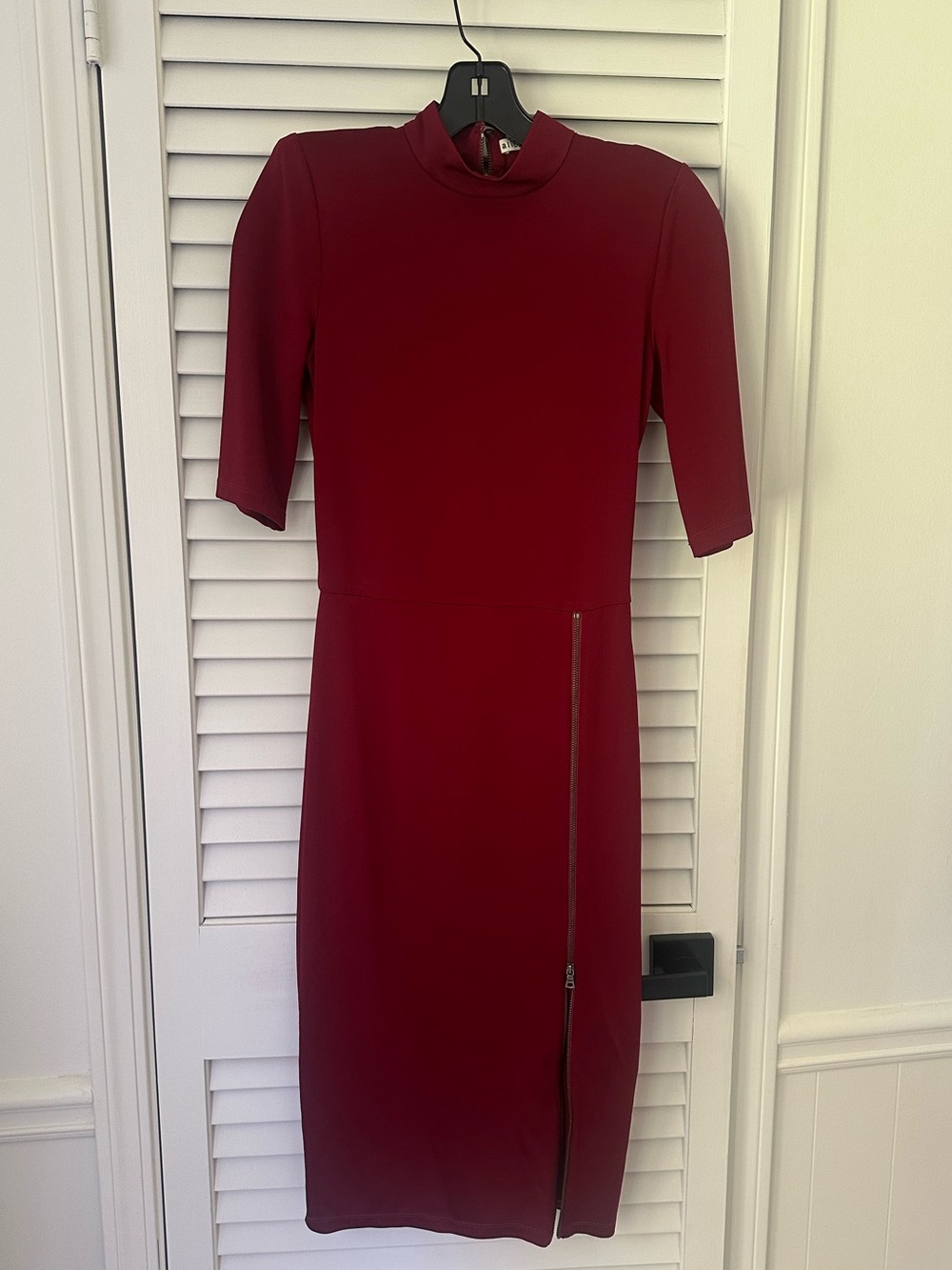 Alice + Olivia Wine Red Midi Dress with Zipper Slit and Back Zip Closure